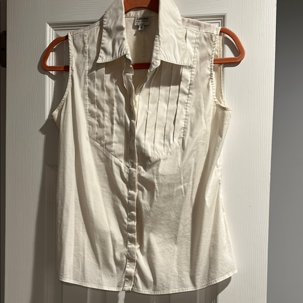 Armani Collezioni- Cream Button Down Shirt with Pleated Notched Collar size 4